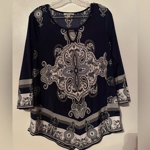 Roz & Ali | Bohemian Mandala Print Blouse | Size Petite Medium | Bedazzled